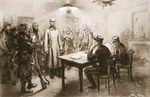 „Ustavení armádního sboru z ramenních popruhů“: Zajatý německý důstojník, který je vyšetřován členy francouzského generálního štábu, z „The Illustrated War News“ od Georges Bertin Scott